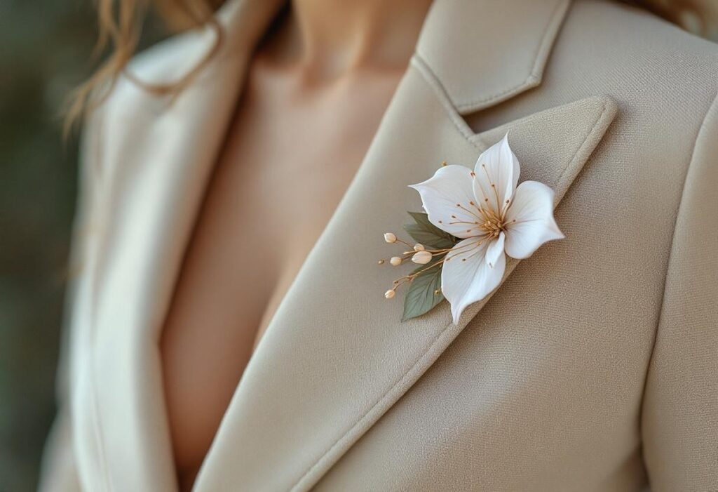 Broche florale et tailleur structuré : l’équilibre parfait entre douceur et puissance