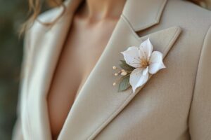 Broche florale et tailleur structuré : l’équilibre parfait entre douceur et puissance