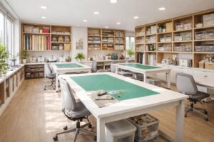Transformez votre atelier textile en espace créatif avec rangements muraux et tables de découpe
