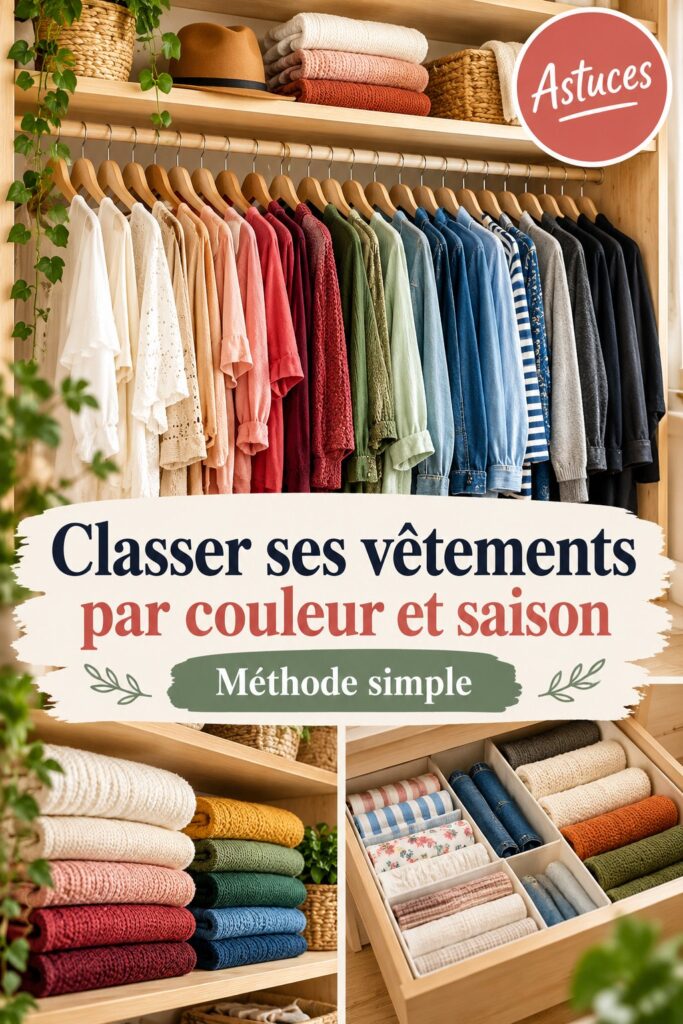 Dressing bien organisé avec des vêtements classés par couleur et saison