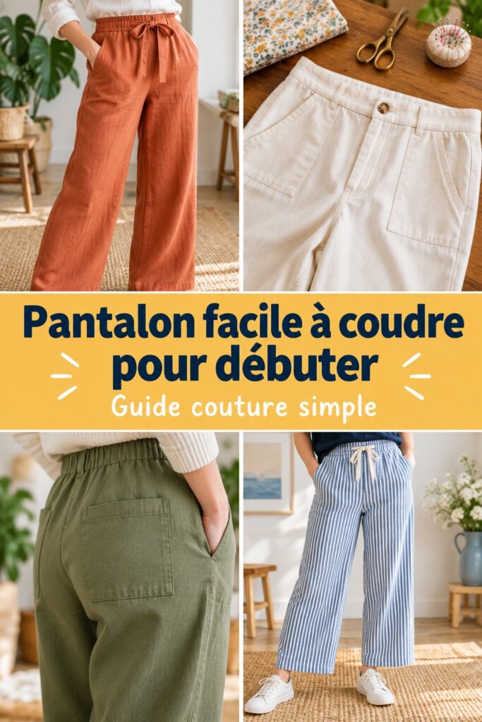 Un pantalon simple à coudre, présenté sur une table d'atelier avec des outils de couture