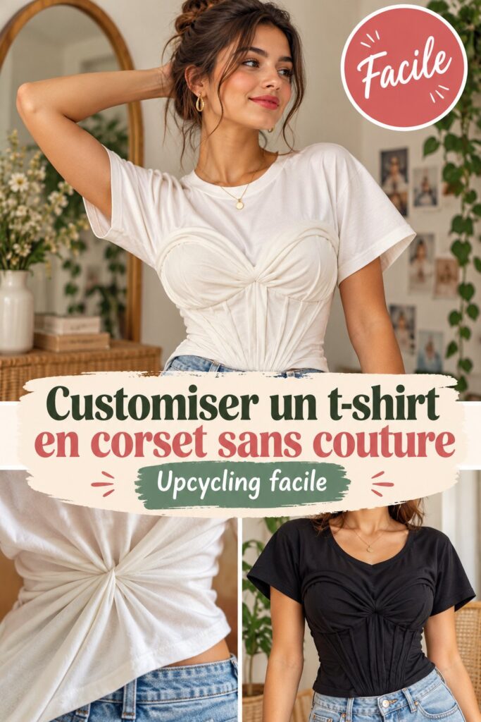 Un corset stylé fabriqué à partir d'un t-shirt, exposé sur un mannequin.